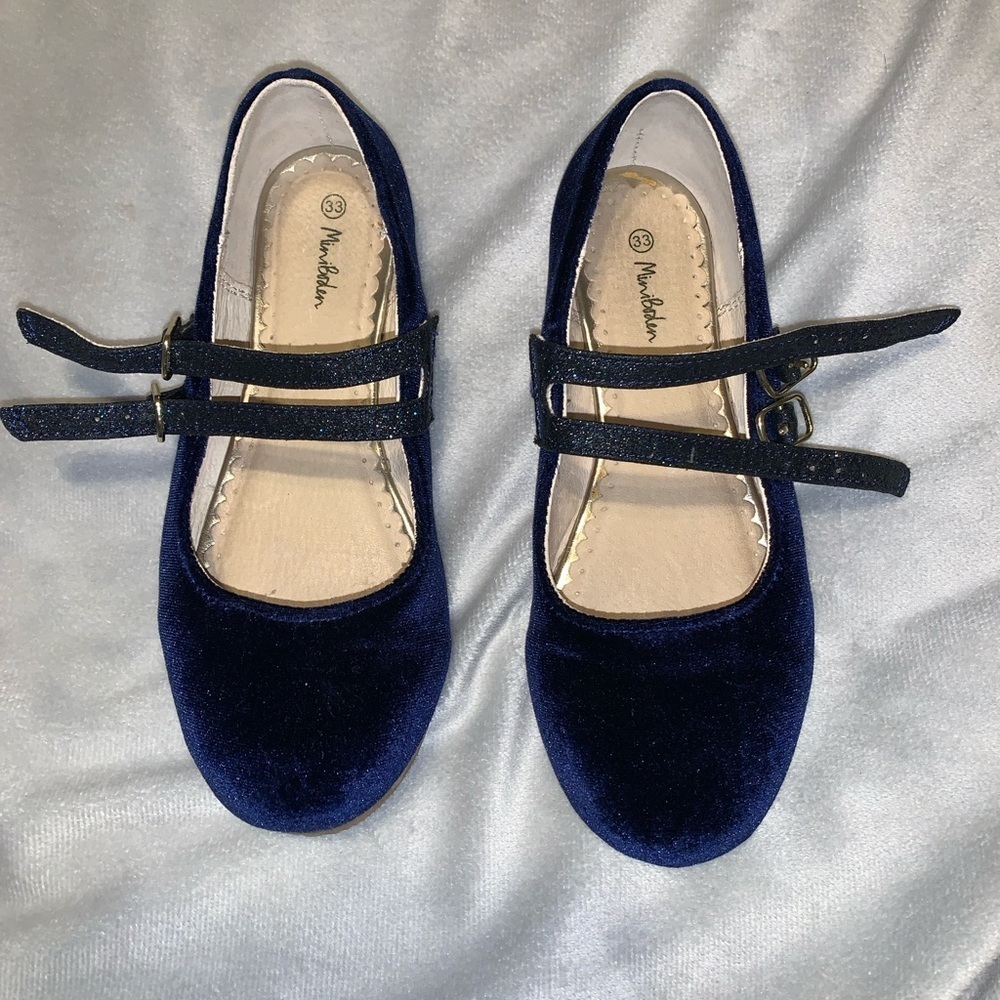 Mini Boden Midnight Blue Velvet Mary Jane’s Dress Shoes size 33 1.5 Christmas